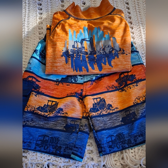 Skin Orange and Blue Construction Themed Swimsuit Set - Picture 1 of 5